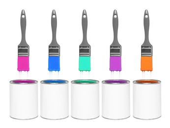 Image of Brushes with colorful paints in air over cans on white background