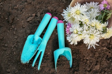 Gardening tools and bucket with flowers on ground outdoors, top view