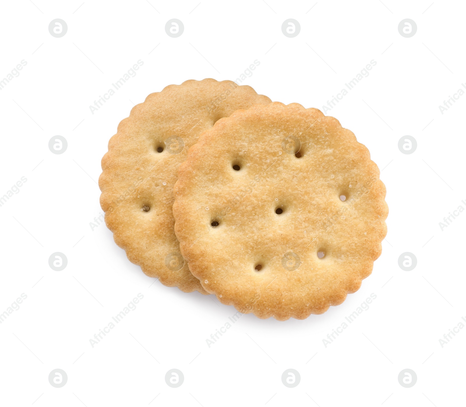 Photo of Two crispy crackers isolated on white, top view. Delicious snack