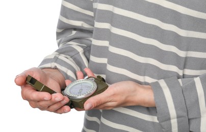 Photo of Woman holding compass on white background, closeup