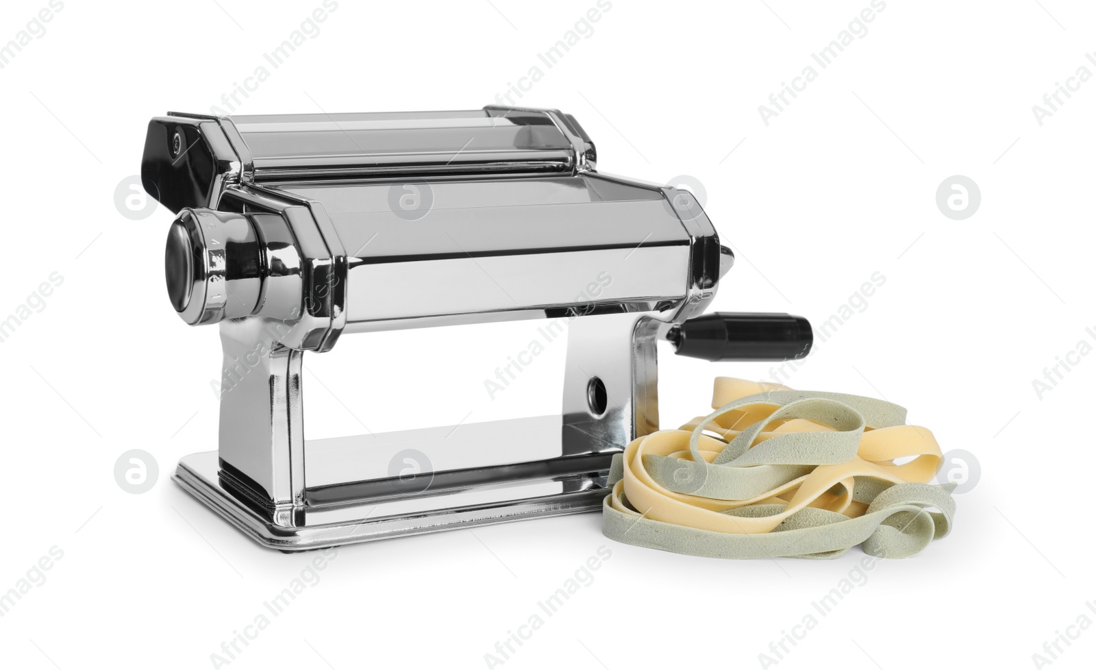 Photo of Modern pasta maker machine and pappardelle isolated on white