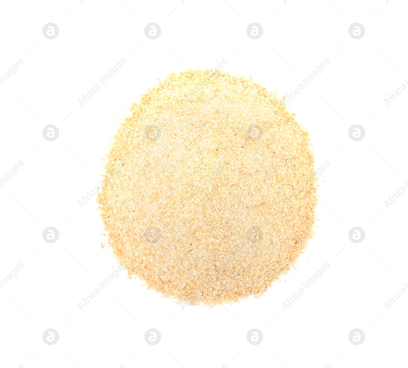 Photo of Pile of dry garlic powder on white background, top view