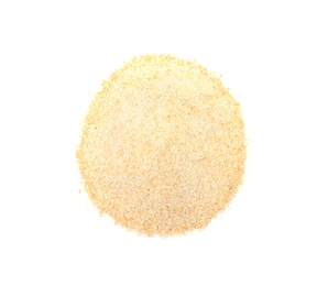 Photo of Pile of dry garlic powder on white background, top view