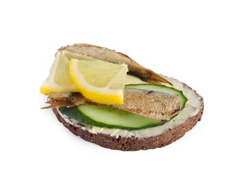 Photo of Delicious sandwich with smoked sprats, cucumber and lemon isolated on white