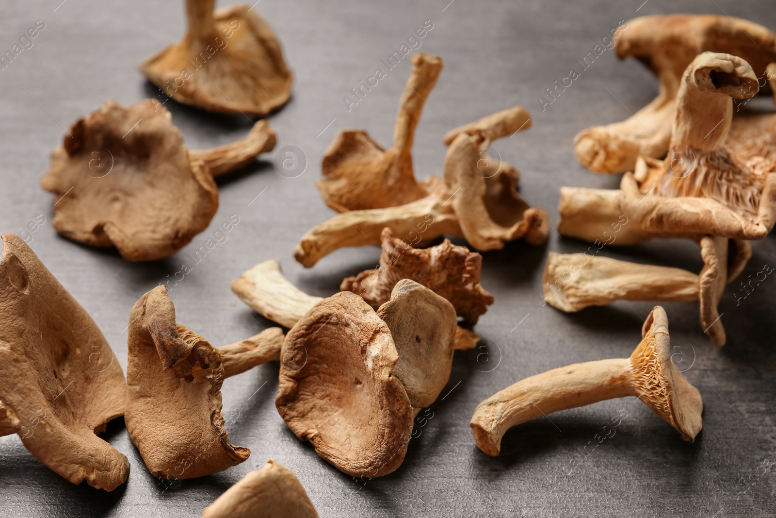 Photo of Dried mushrooms on color background, closeup view