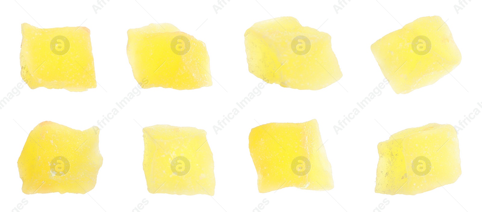 Image of Set with tasty pieces of candied fruits on white background. Banner design