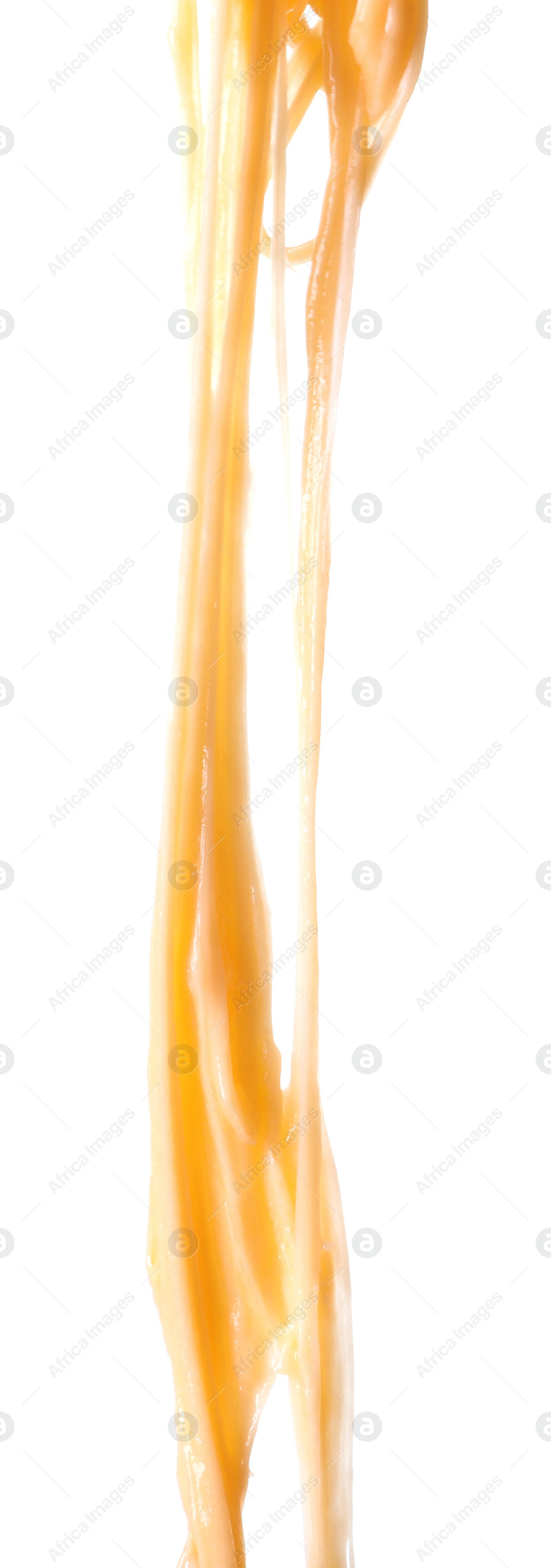 Photo of Stretching delicious melted cheese isolated on white