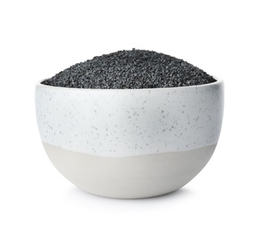 Photo of Poppy seeds in bowl on white background