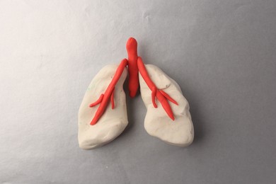 Photo of Human lungs made of plasticine on grey background, top view