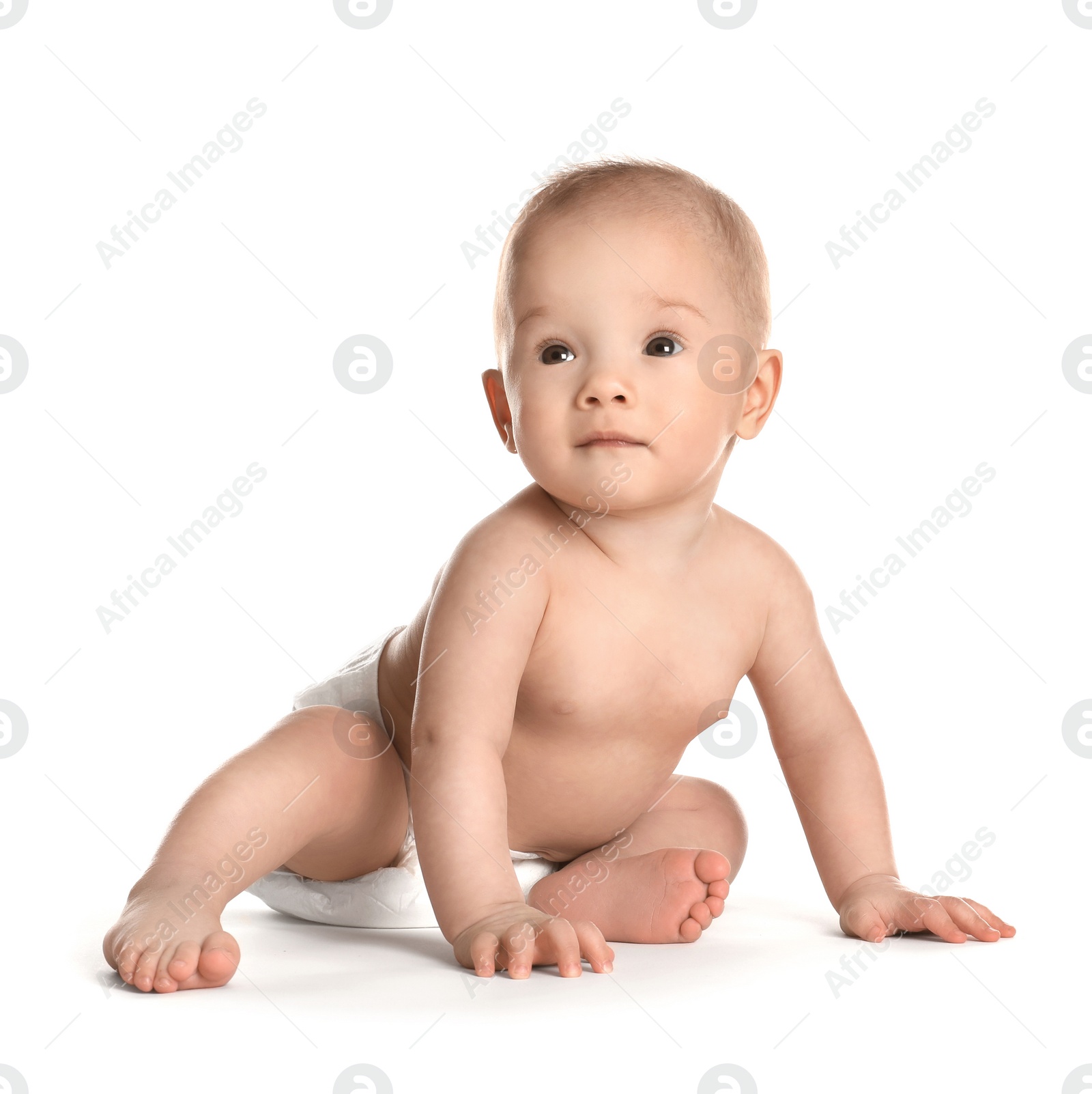 Photo of Cute little baby in diaper on white background