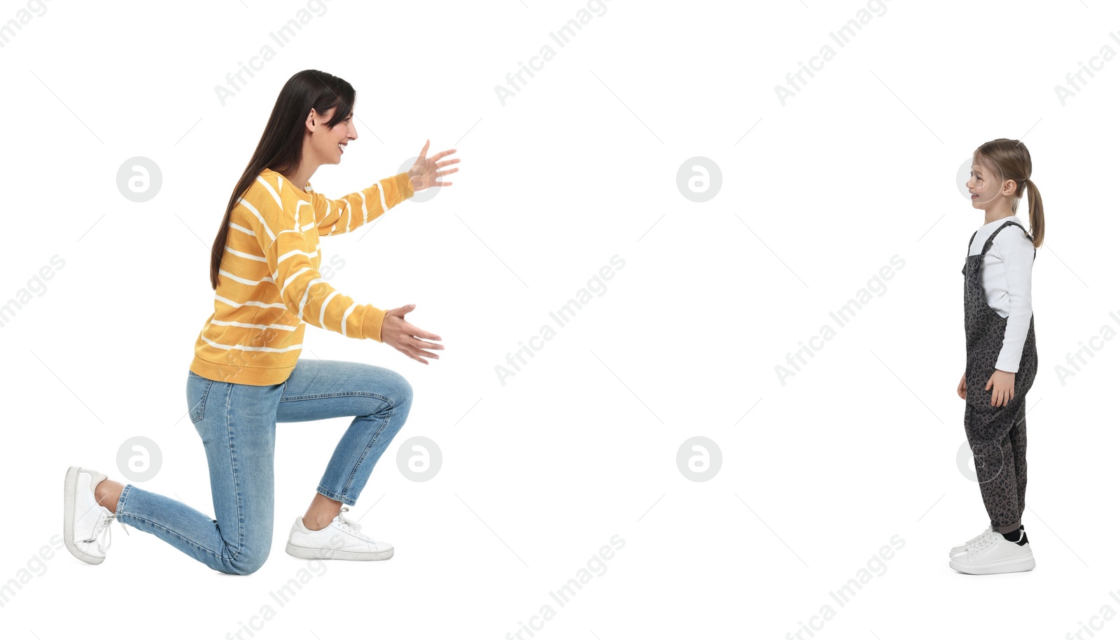 Image of Mother reaching for her daughter on white background