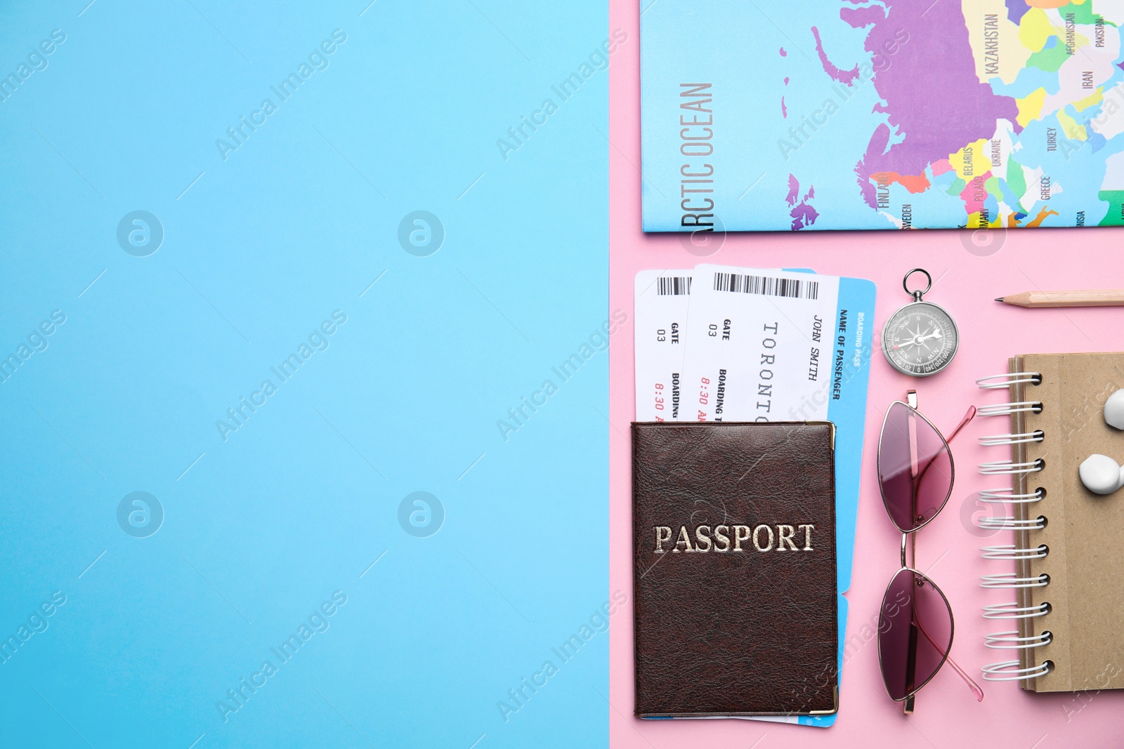 Photo of Flat lay composition with passport, tickets and travel items on color background. Space for text