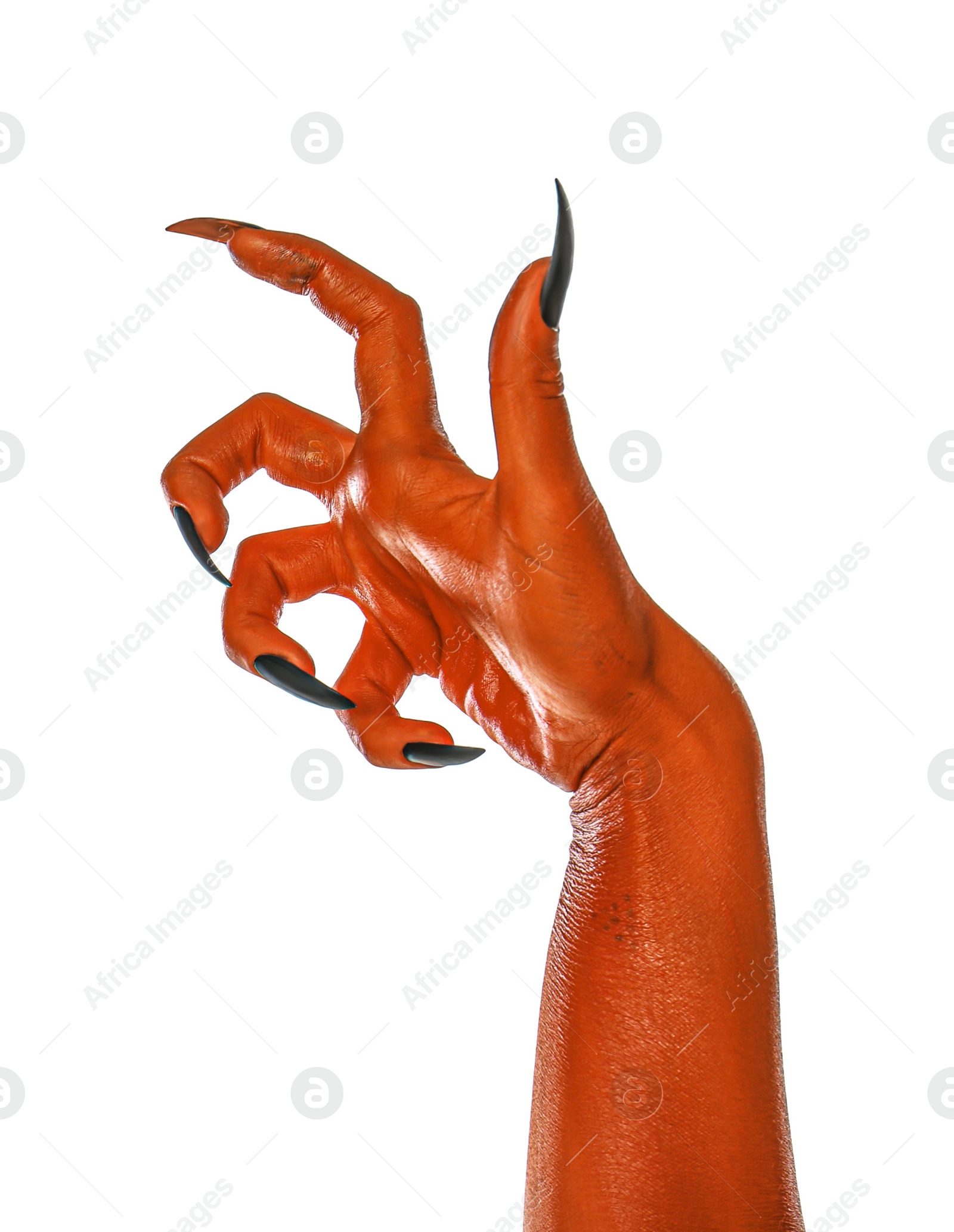 Image of Creepy monster. Orange hand with claws isolated on white