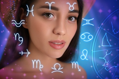 Beautiful young woman and illustration of zodiac wheel with astrological signs on color background