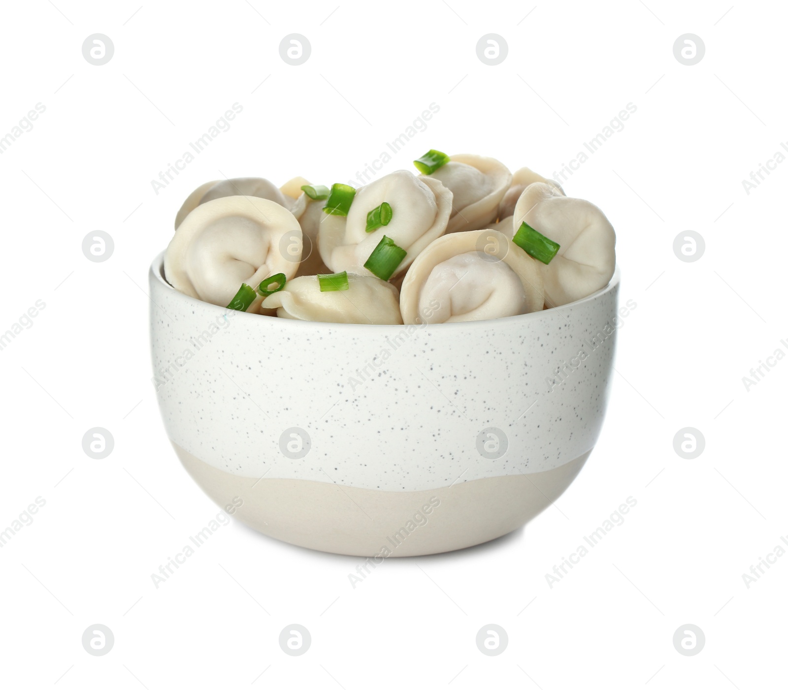 Photo of Bowl with tasty dumplings isolated on white