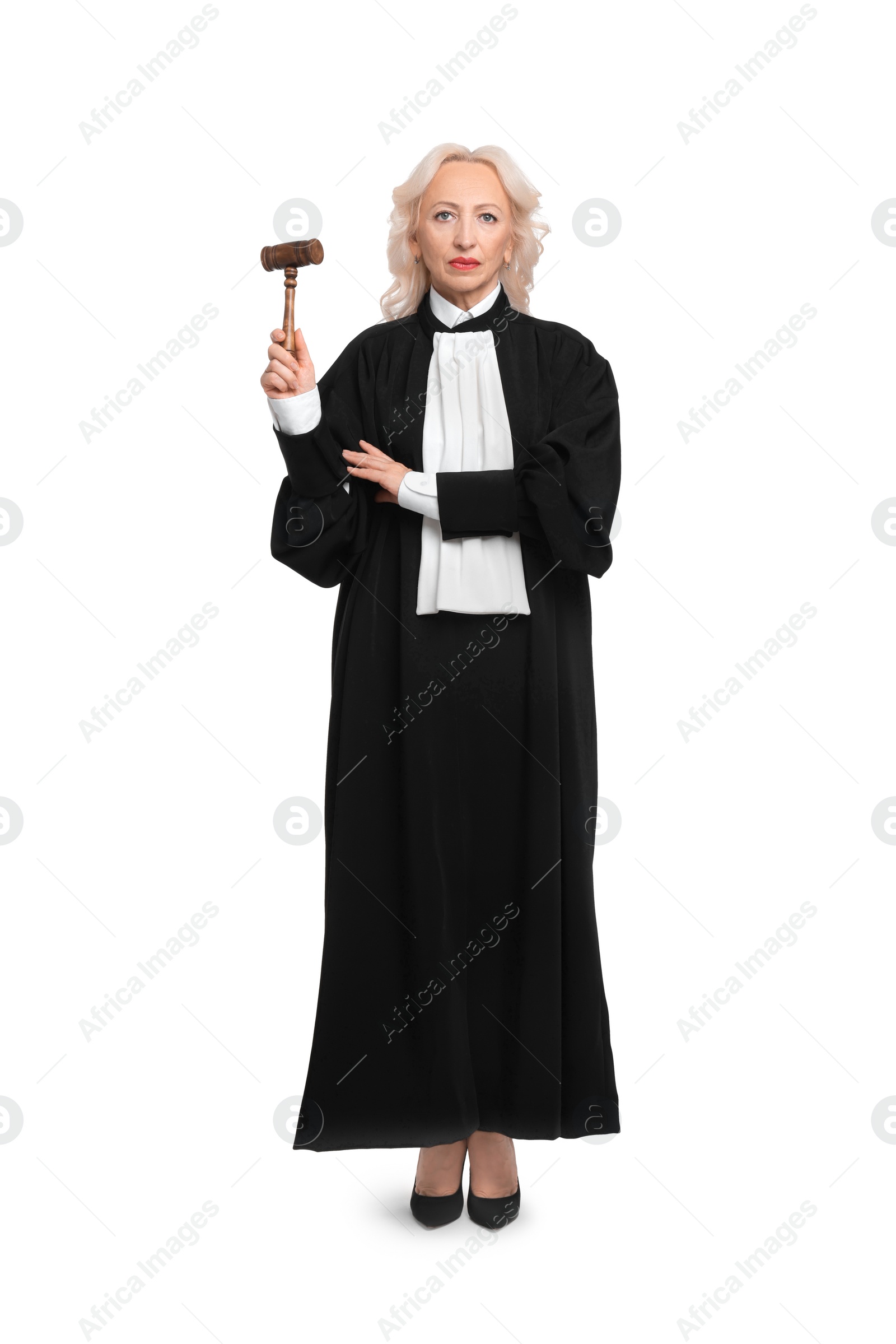 Photo of Senior judge with gavel on white background