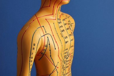 Acupuncture - alternative medicine. Human model with dots and lines on blue background