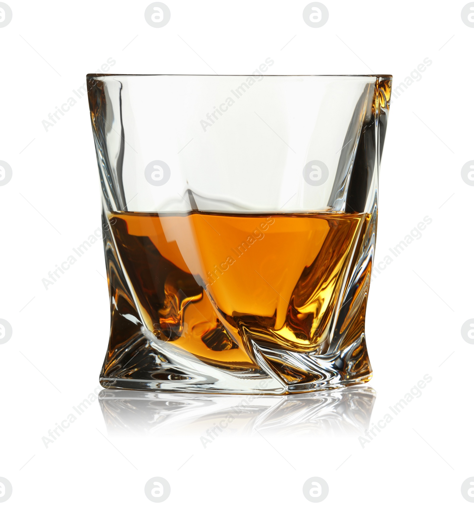 Photo of Whiskey in glass isolated on white. Alcoholic drink