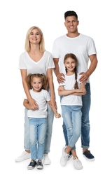 Portrait of happy family on white background