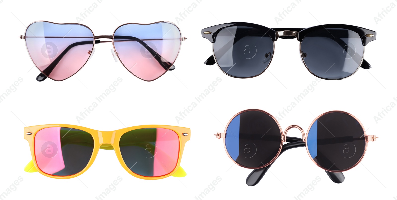 Image of Set with different stylish sunglasses on white background. Banner design