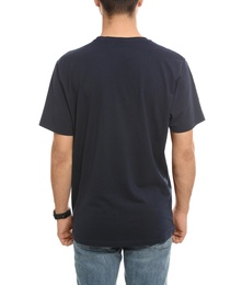 Photo of Young man in t-shirt on white background, closeup. Mock up for design