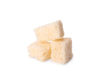Photo of Crispy croutons on white background. Tasty snack