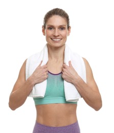 Photo of Portrait of sportswoman with towel on white background