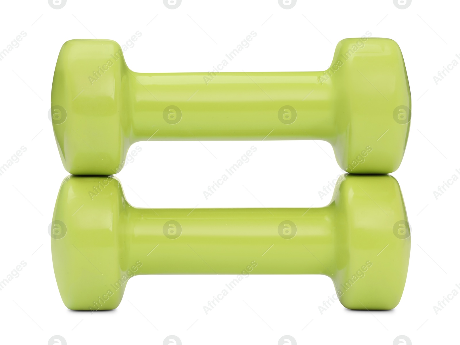 Photo of Light green dumbbells isolated on white. Sports equipment