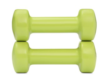 Photo of Light green dumbbells isolated on white. Sports equipment