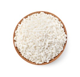 Photo of Bowl with raw rice isolated on white, top view