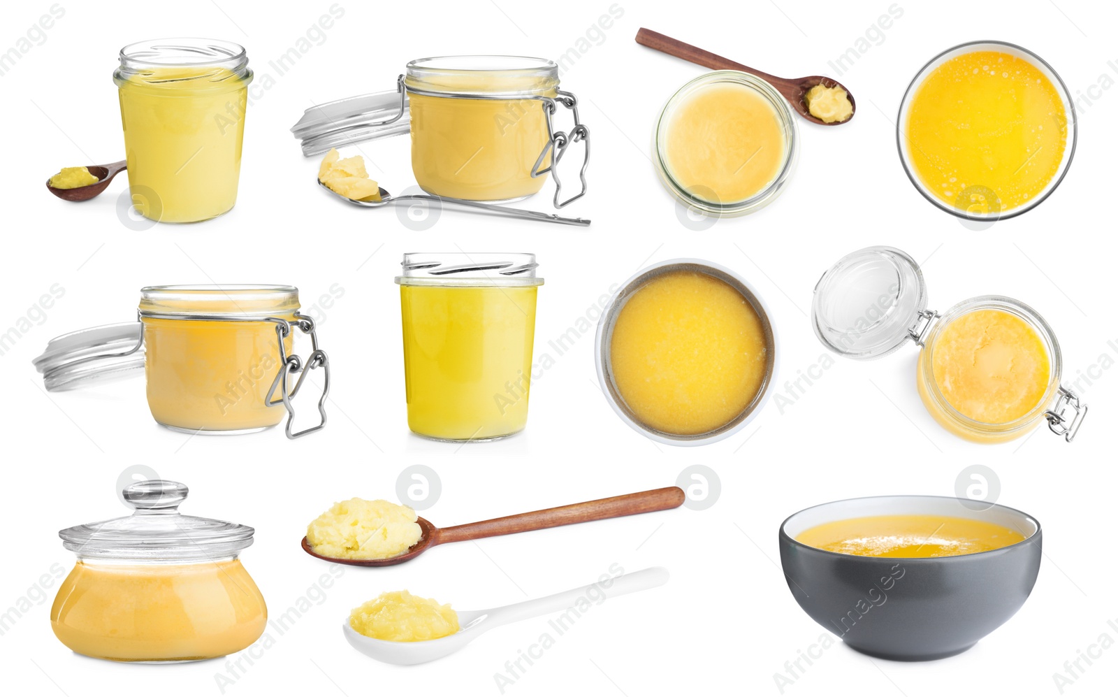 Image of Set with tasty ghee butter on white background