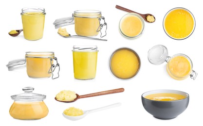 Image of Set with tasty ghee butter on white background