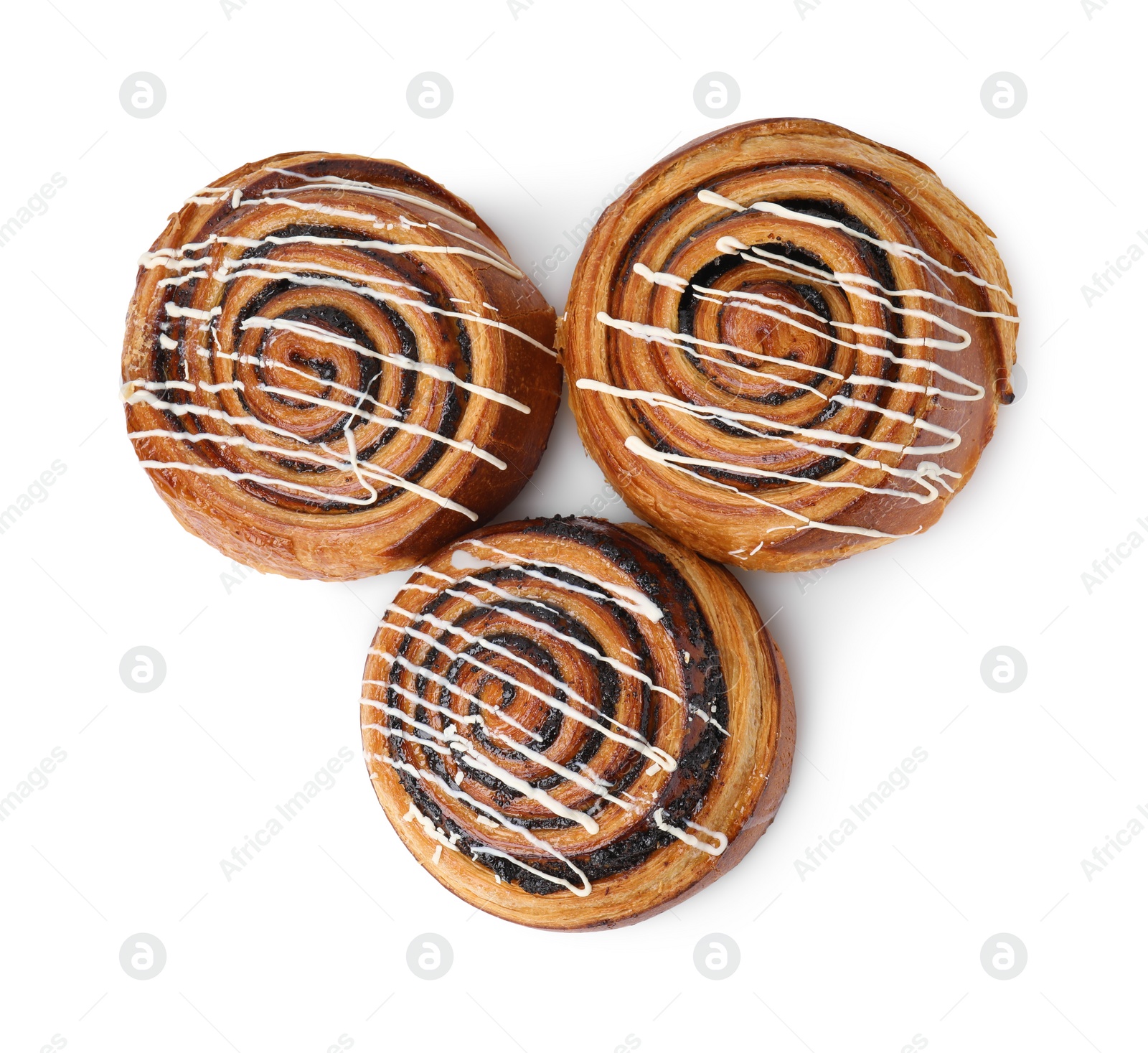 Photo of Delicious rolls with topping and poppy seeds isolated on white, top view. Sweet buns