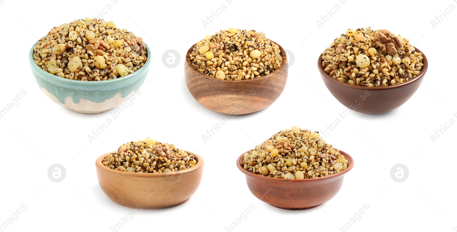 Image of Traditional Christmas slavic dish kutia in bowls on white background, collage