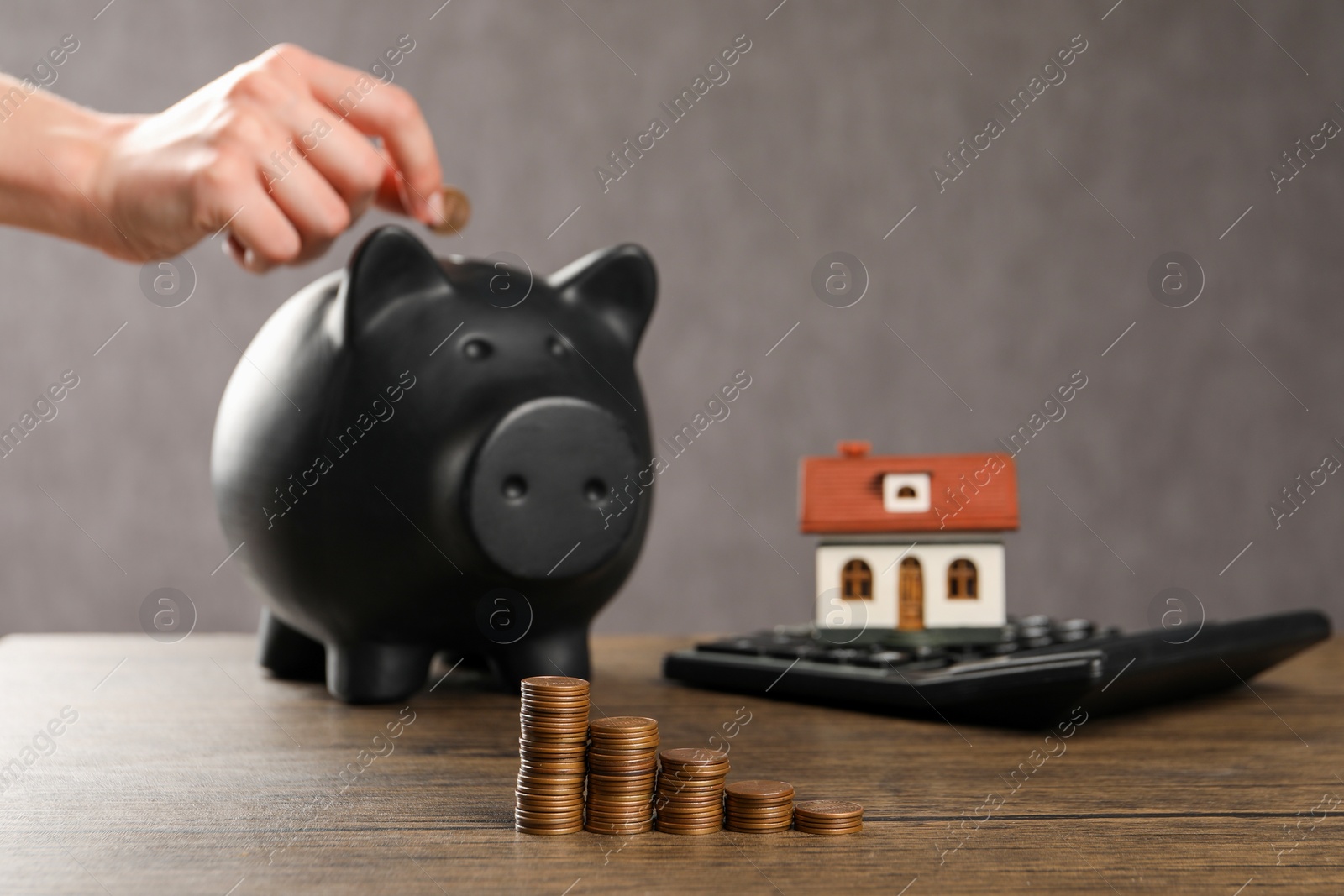 Photo of Woman putting coin into piggy bank, closeup. House model, calculator and money on wooden table, selective focus