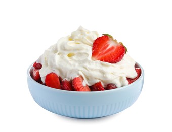 Photo of Tasty sliced strawberry with whipped cream in bowl isolated on white
