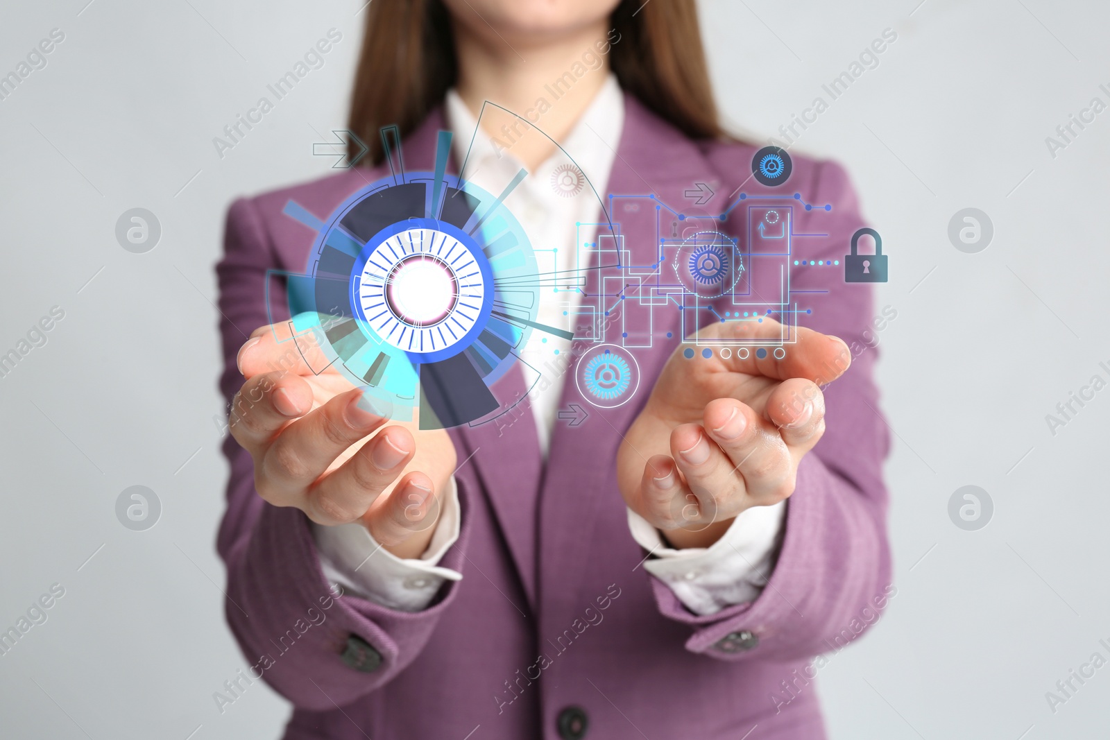 Image of Modern technology concept. Woman on light grey background, closeup