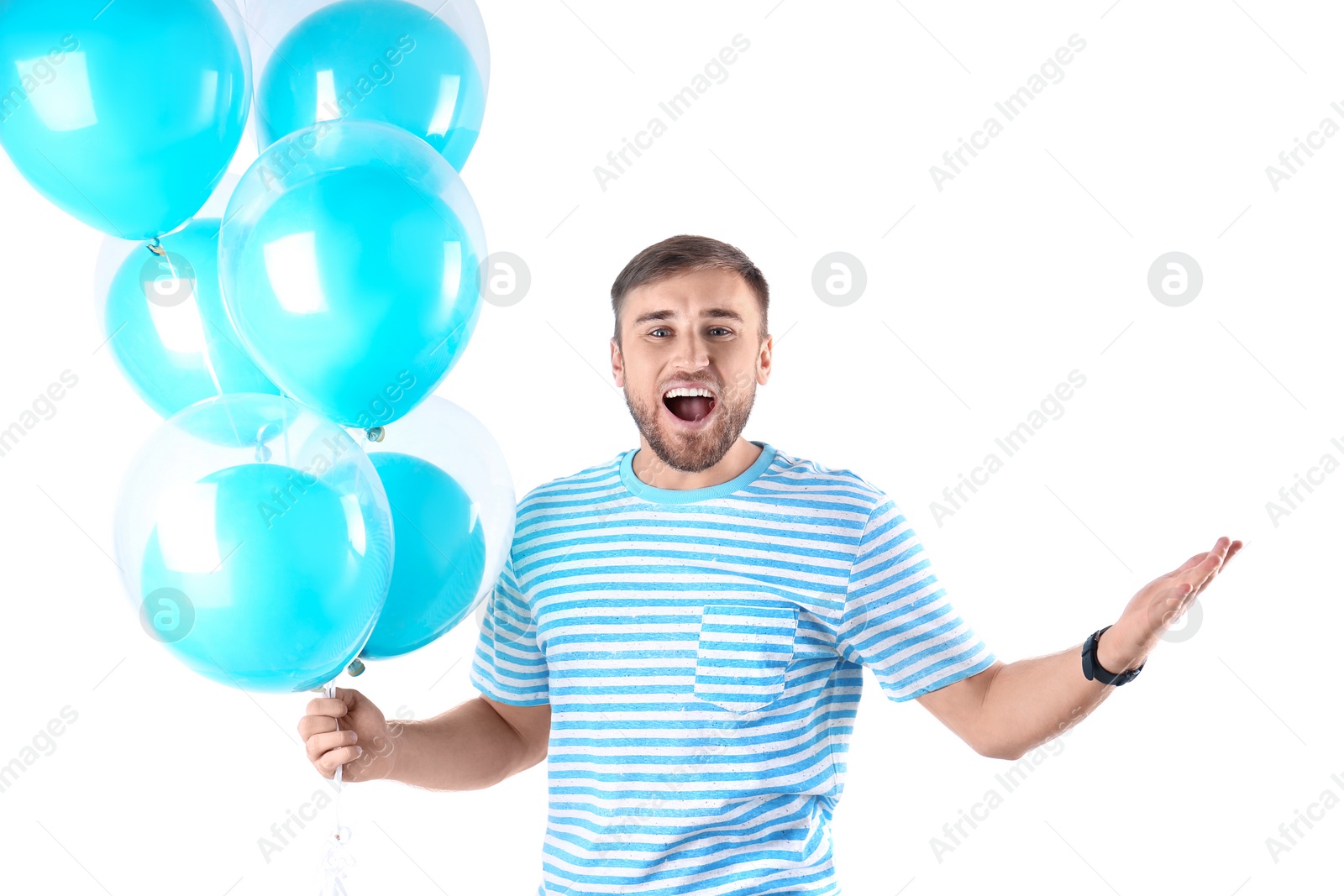 Photo of Young man with air balloons on white background