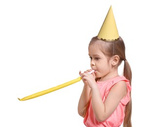 Photo of Birthday celebration. Cute little girl in party hat with blower on white background