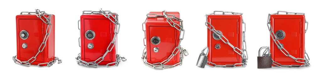 Image of Closed red steel safe with chains and lock on white background, view from different sides
