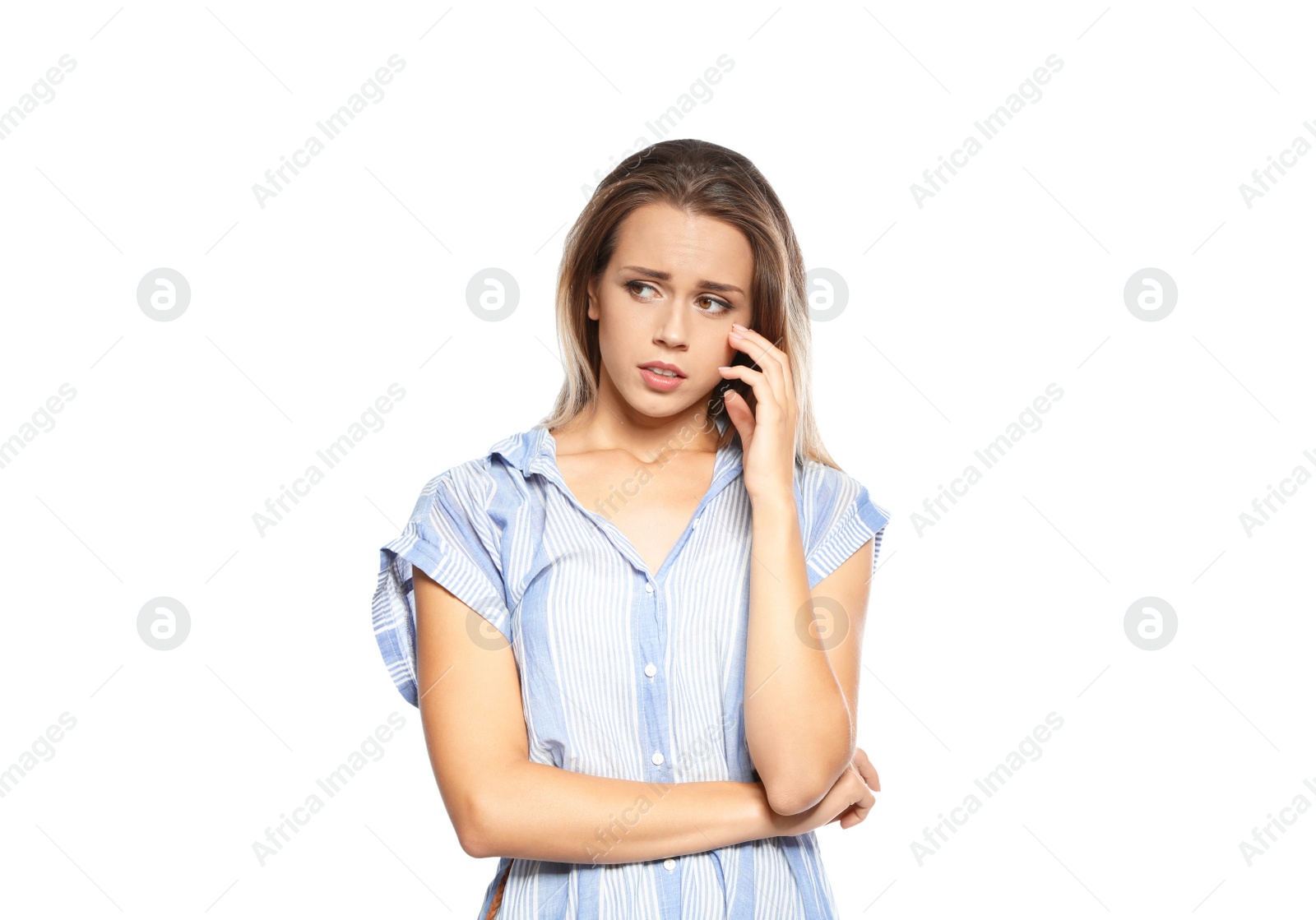 Photo of Portrait of emotional woman on white background