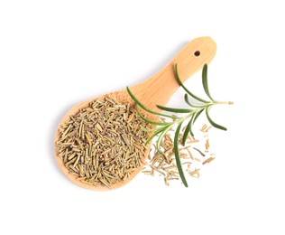 Photo of Wooden spoon with fresh and dry rosemary isolated on white, top view