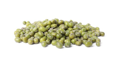 Pile of green mung beans isolated on white. Organic grains