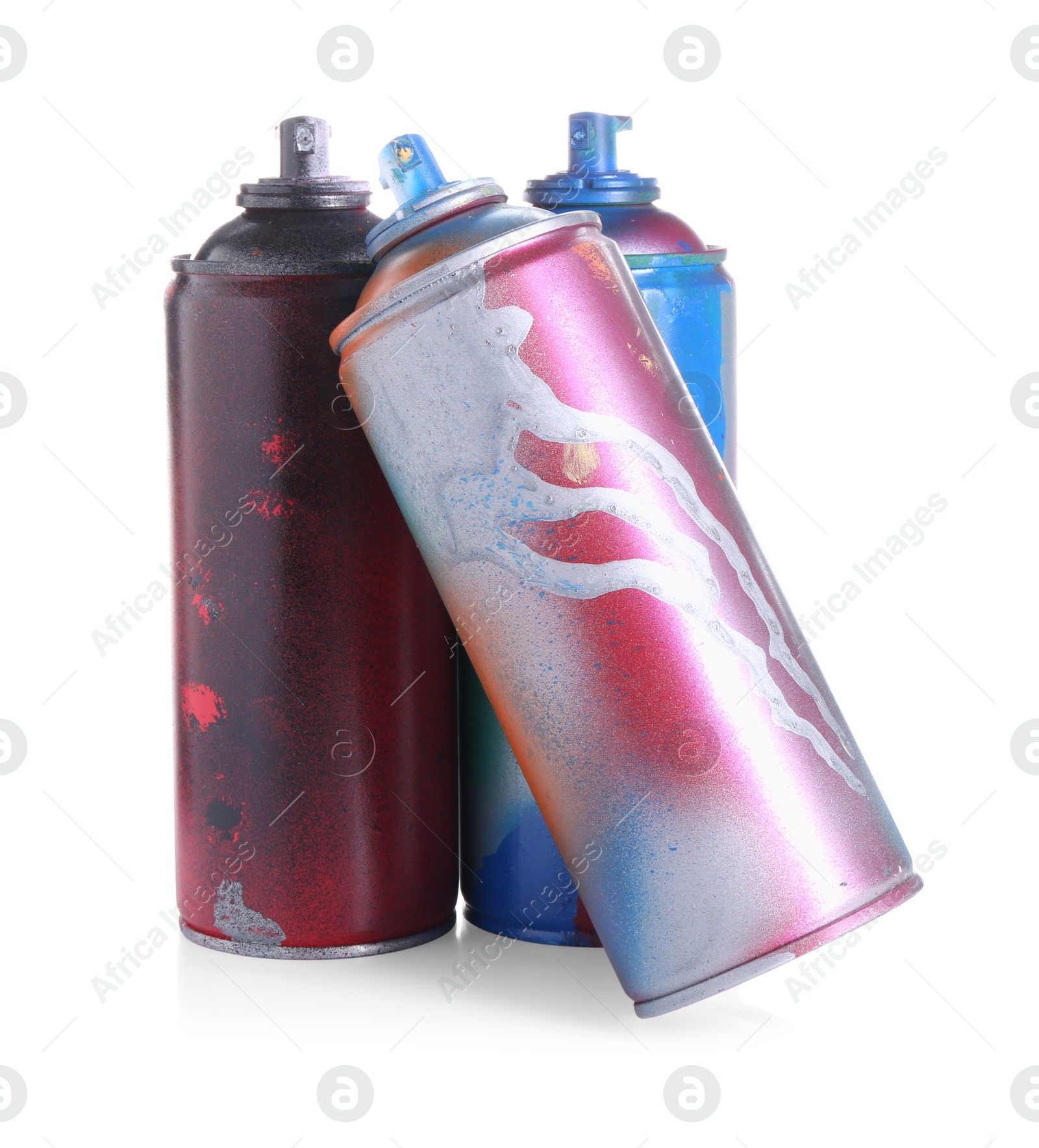 Photo of Different spray paint cans isolated on white