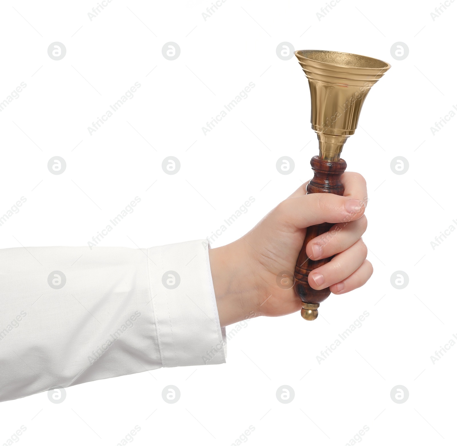 Photo of Pupil with school bell on white background, closeup