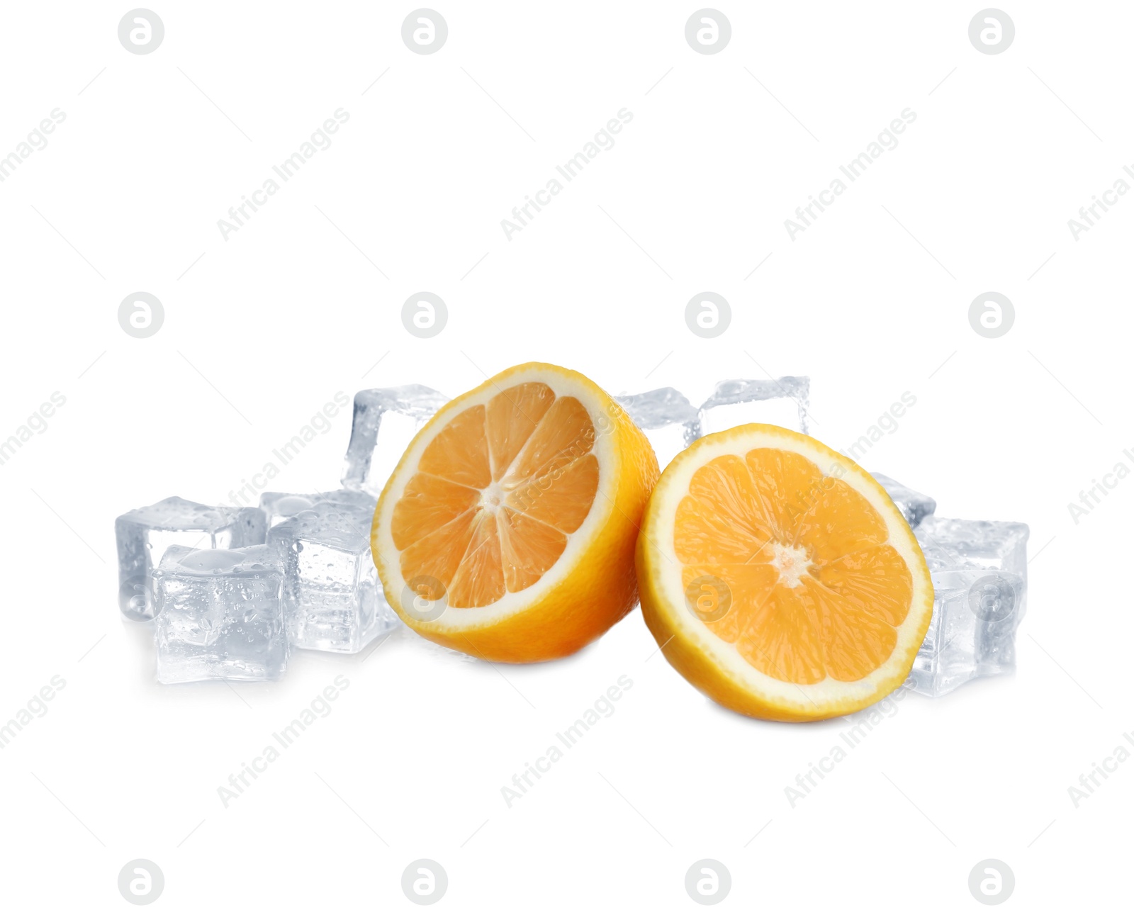 Photo of Ice cubes and lemons on white background