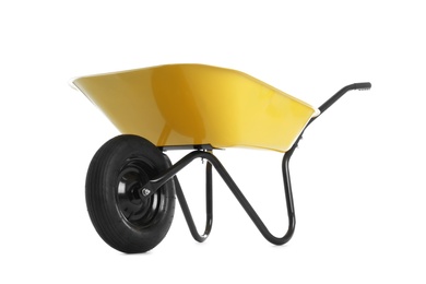 Photo of Color wheelbarrow isolated on white. Gardening tool