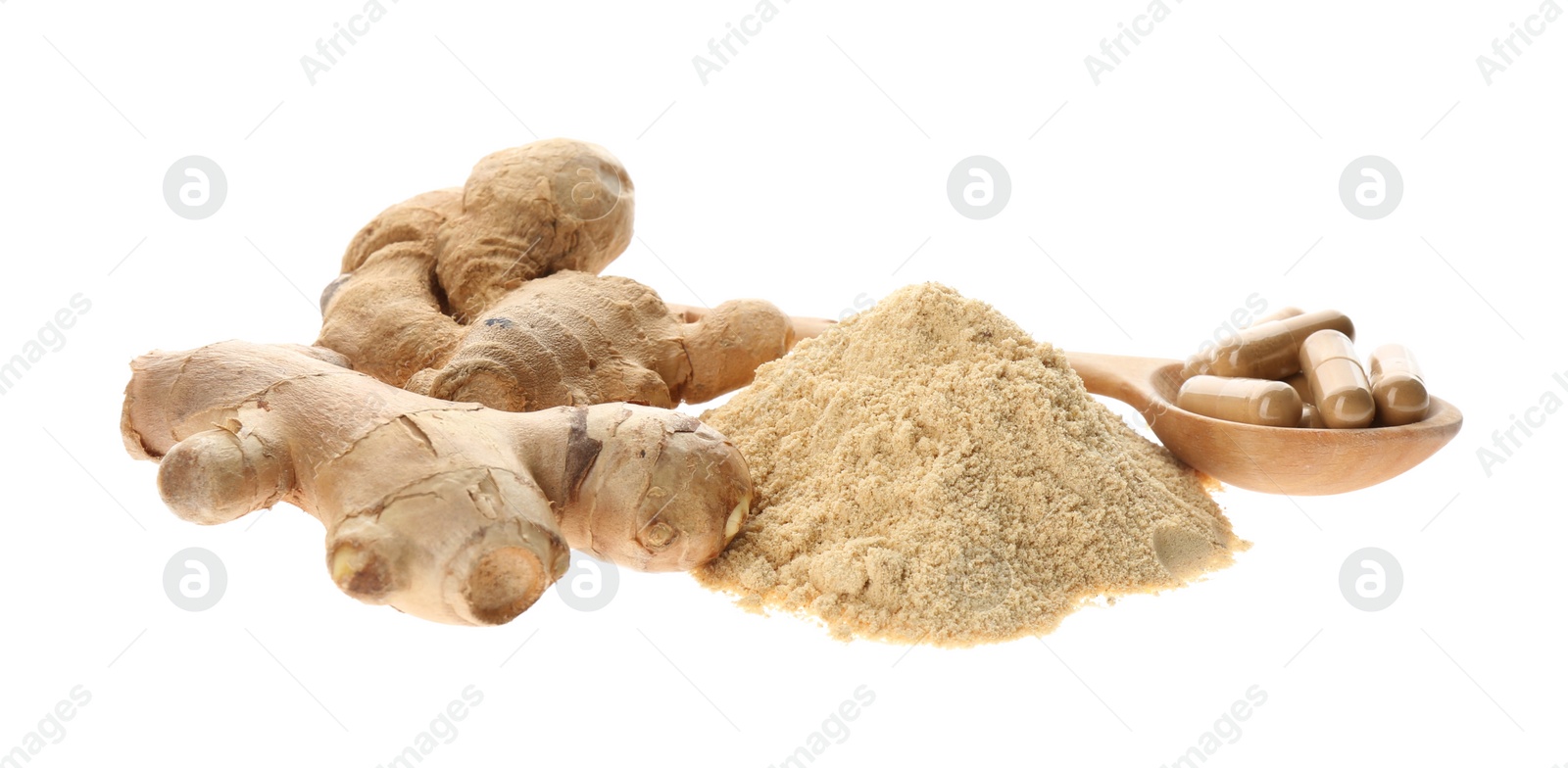 Photo of Dry, fresh and capsuled ginger isolated on white