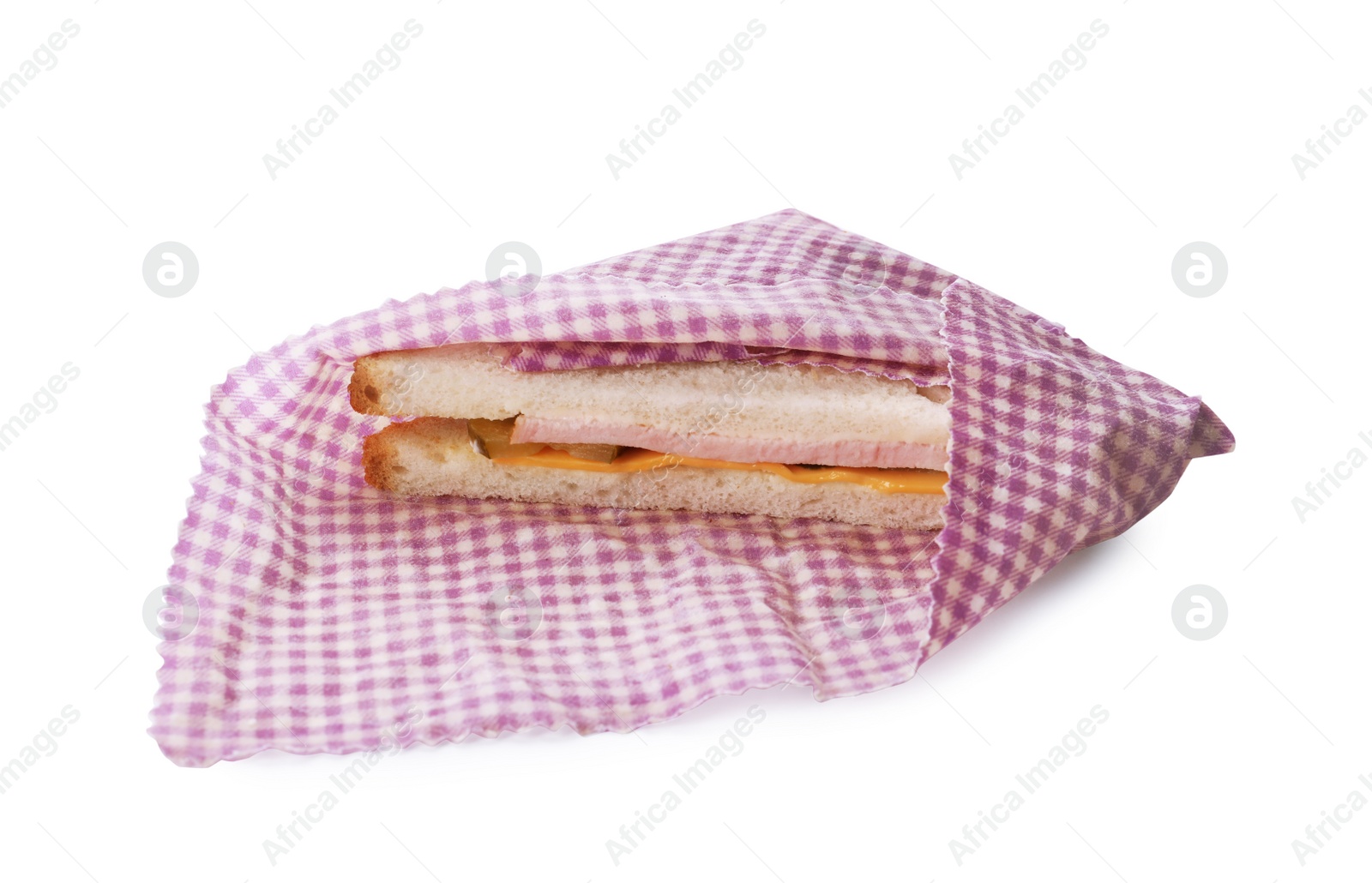 Photo of Tasty sandwich in beeswax food wrap isolated on white