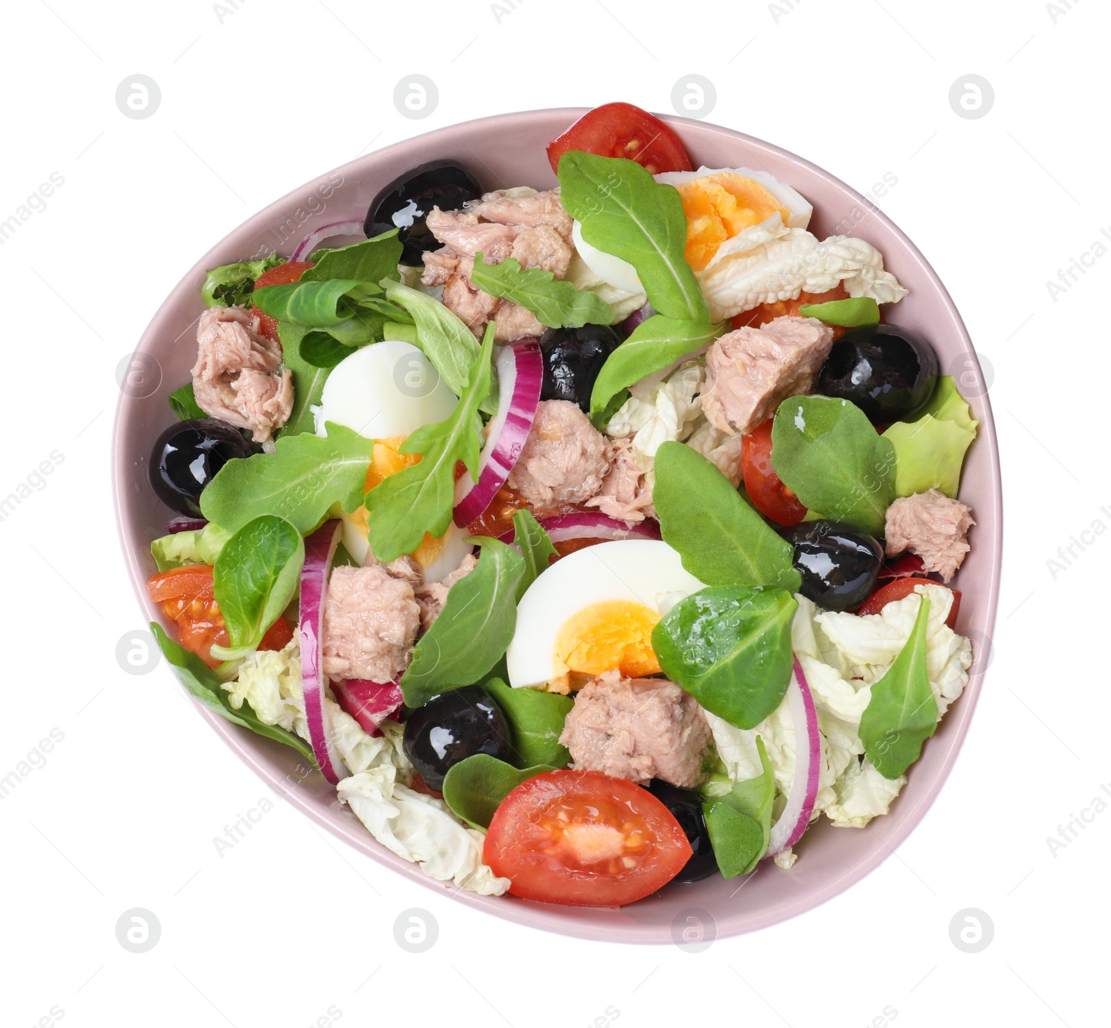 Photo of Bowl of delicious salad with canned tuna and vegetables on white background, top view